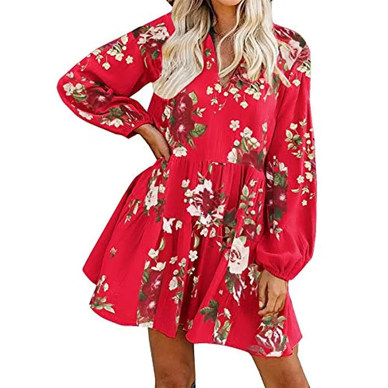 Fashion V-neck Loose Dress Fall Winter Long Sleeve Dress Lantern Sleeve Dress European and American Woman Dress Dresses