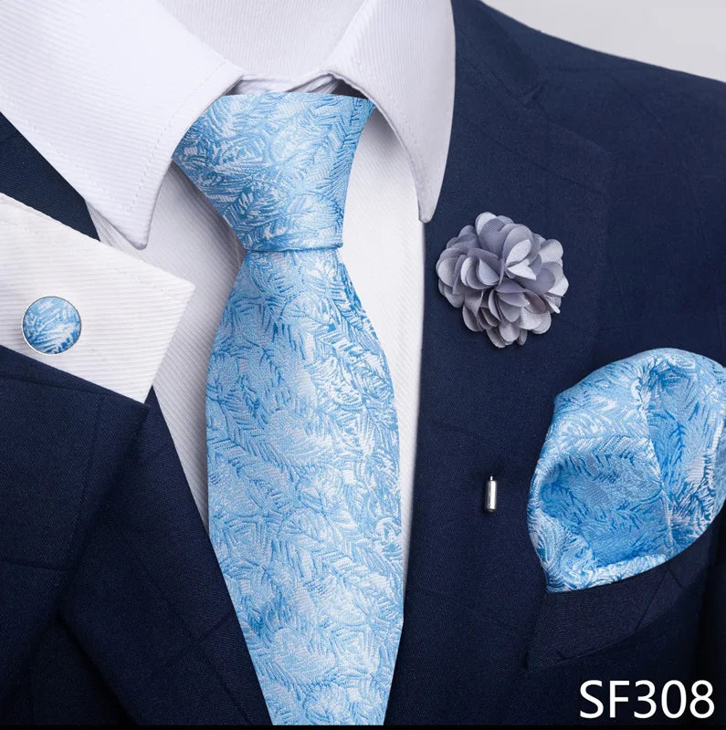 Hot Sale Luxury 8 cm Blue Floral Ties Pocket Square Cufflinks Brooch Set For Man Suit Accessories Holiday Gift Fit Formal Party