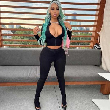 Woman 2pcs Suit Solid Color Stripes stitching Long Sleeve Zipper Hoodies+Pencil Pant S-L 3Color