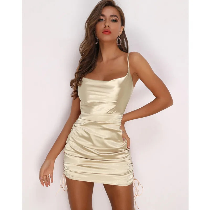Josiaoprah Satin Mini Summer Dress Women Ruched Pleated Sleeveless Short Beach Dress Drawstring Casual Dress Female Vestidos