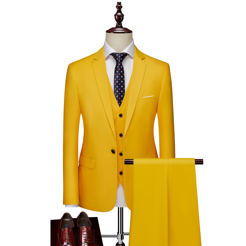 Luxury 3 Piece Men's Wedding Suit Fashion Men's Slim Solid Color Business Office Suit Sets Large Size Men Blazer+ Pants + Vest