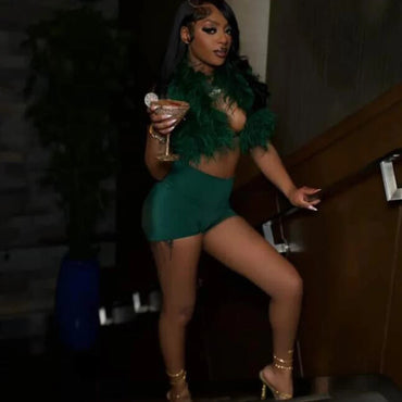 Luxury Fur Patchwork 2 Pieces Set for Woman Outfit Summer 2025 New Tank Top and Stretch Shorts Midnight Club Wear Party Suits