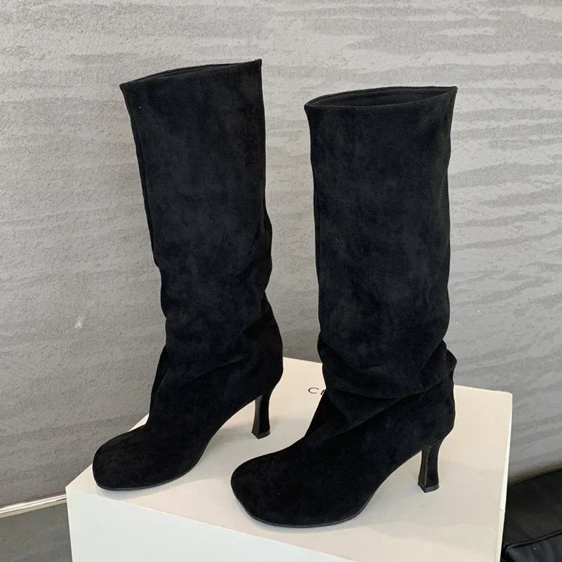 Autumn Winter Round Toe Women Knee-High Boots Punk Style Thin High Heels Shoe Comfort Faux Suede Female Long Booties botas mujer