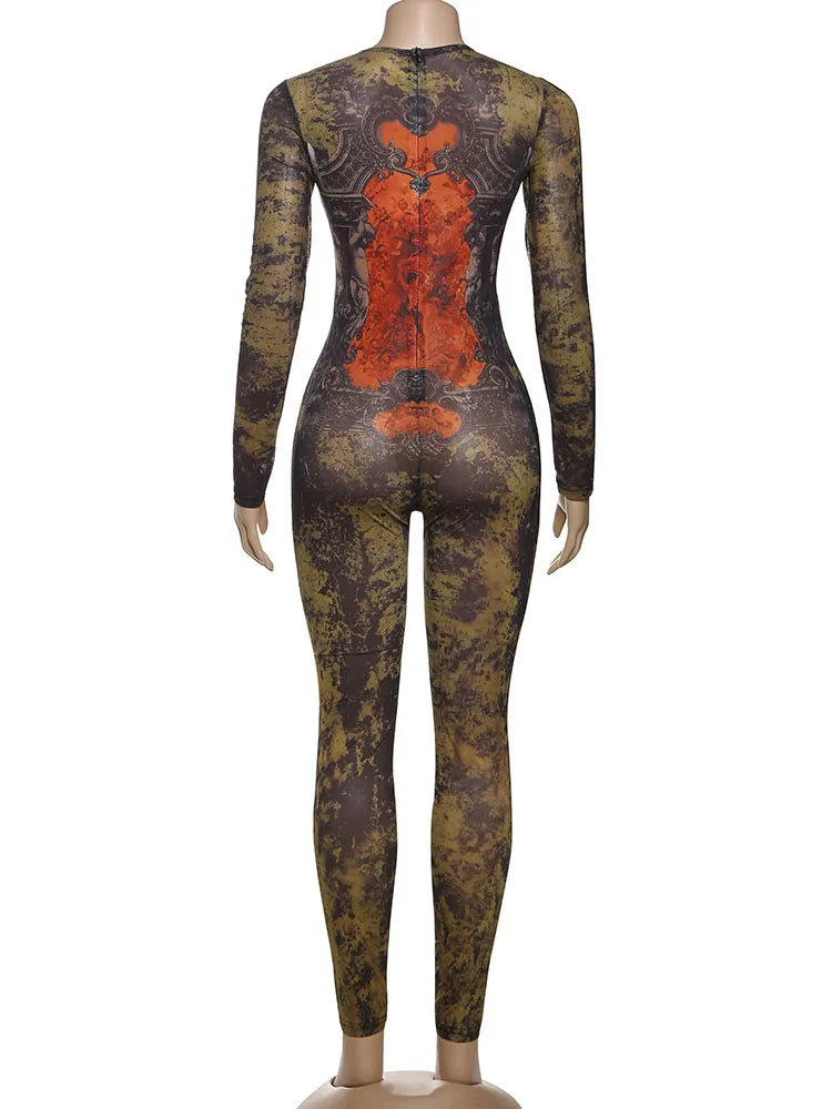 Sisterlinda Printing Slim O-Neck Long Sleeve Jumpsuit Women Sexy Popular Body-shaping Vestidos Girl Party Leisure Pencil Pants