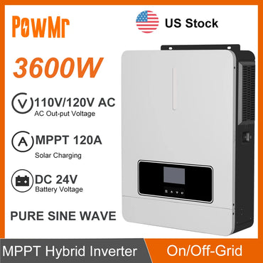 3600W Hybrid Solar Inverter 24V DC to 100/110/120V AC With 120A MPPT Solar Charger Controller Max PV 500Vdc Fit LifePo4 Battery