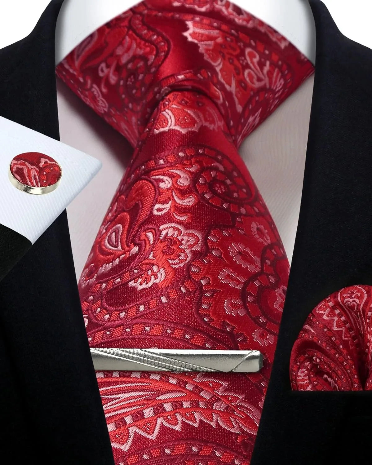 Mens Tie Set Silk Silver Paisley Floral Necktie and Pocket Square Cufflinks Tie Clip Classic Formal Ties for Men Wedding Party