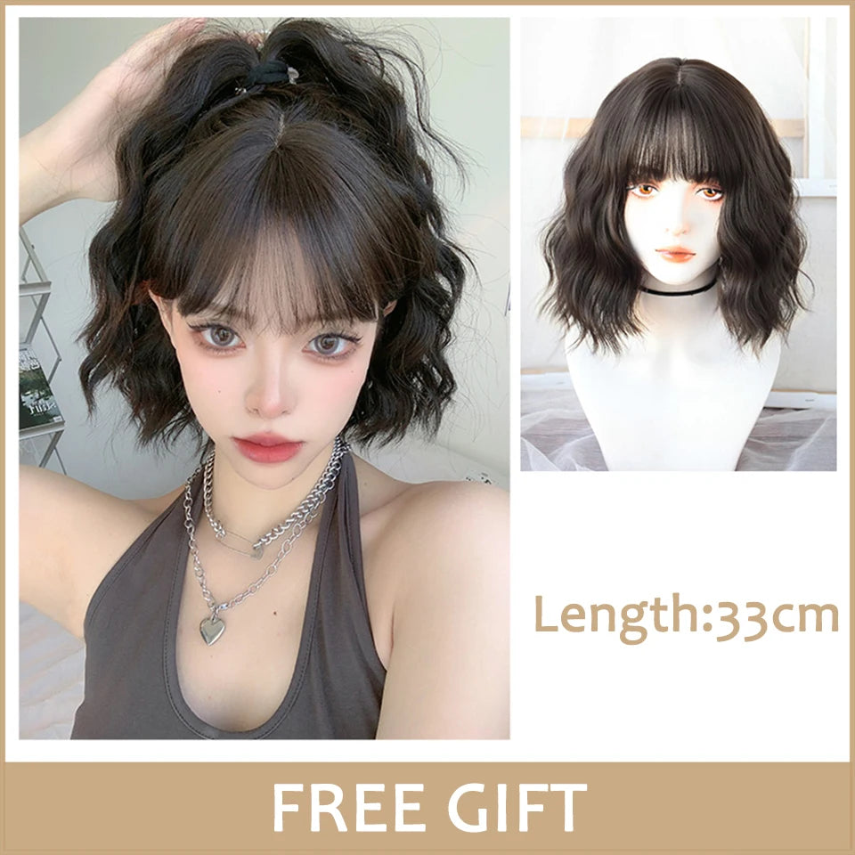 LM Synthetic Black Wig with Long Ponytail Short Straight Wig Lolita Cosplay Party Harajuku Blonde Wig With Bangs for Women