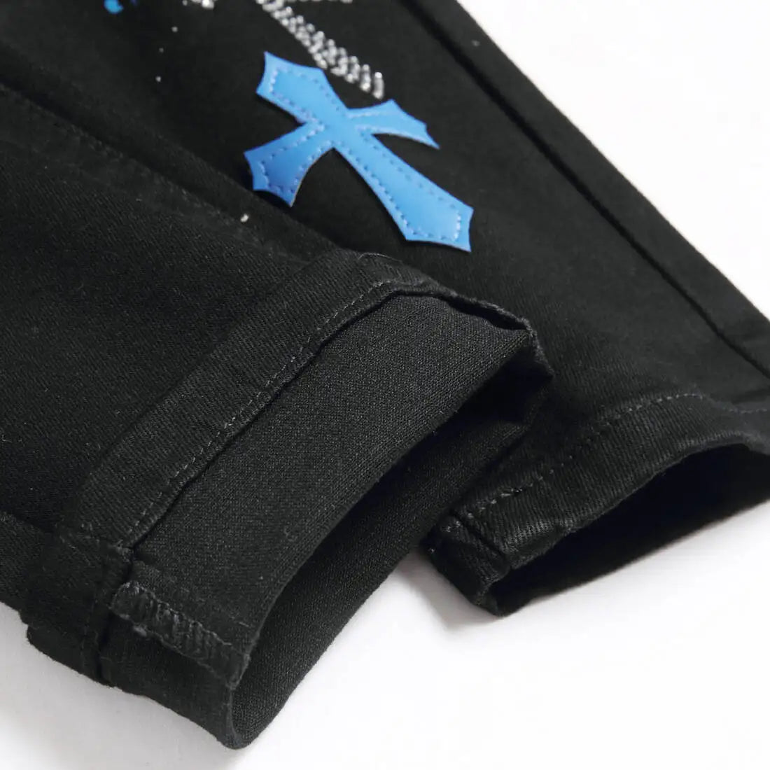 European Jeans With Distressed Patches, Black Trendy Elastic Slim Fit Leggings, Personalized Men's Pants