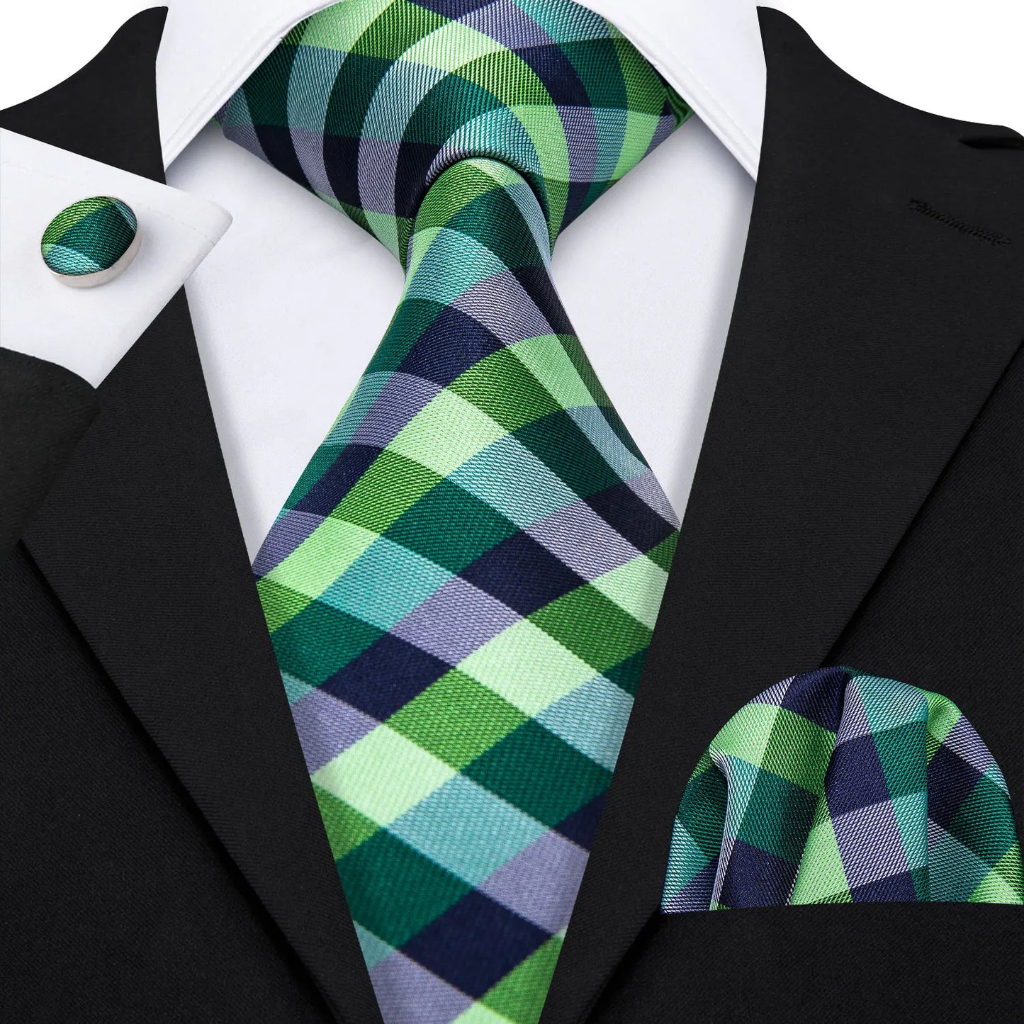 Barry.Wang Plaid Silk Men Tie Hanky Cufflinks Set Checked Jacquard Necktie for Male Formal Casual Wedding Business Party Events