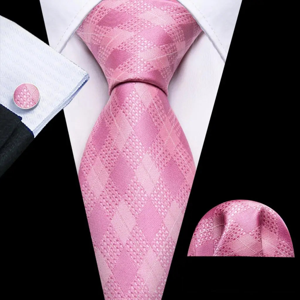 Barry.Wang Plaid Silk Men Tie Hanky Cufflinks Set Checked Jacquard Necktie for Male Formal Casual Wedding Business Party Events