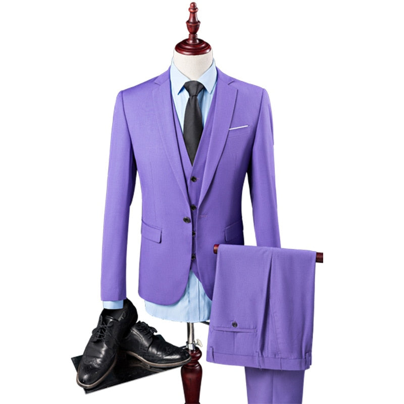 Luxury 3 Piece Men's Wedding Suit Fashion Men's Slim Solid Color Business Office Suit Sets Large Size Men Blazer+ Pants + Vest