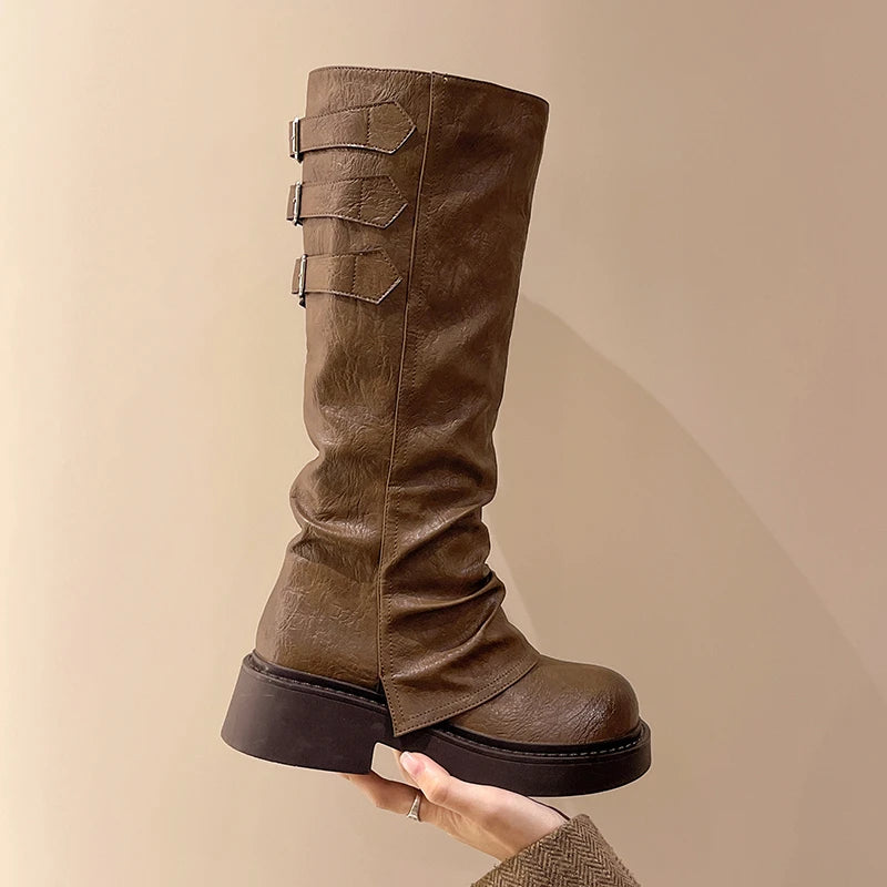 High Boots Autumn New Round Toe Sleeve Anti-Slip Wear-Resistant Metal Buckle Platform Anti-Slip Single Boots