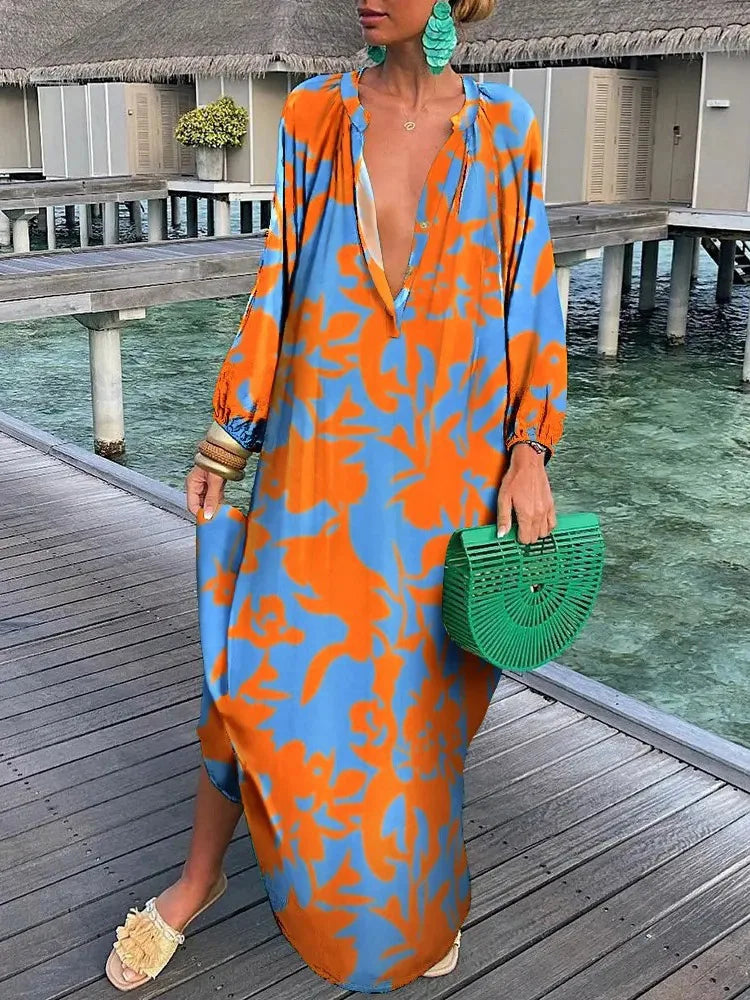 Women Boho Print Beach Cover Up 2023 Summer Sexy Deep V-Neck Long Sleeve Long Dresses Female Vintage Maxi Dresses Elegant Robe
