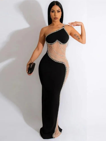 2023 Women Dresses One Shoulder Sleeveless Mesh Patchwork Diamonds Maxi Long Club Evening Sexy Party Vestidos Robe Femme