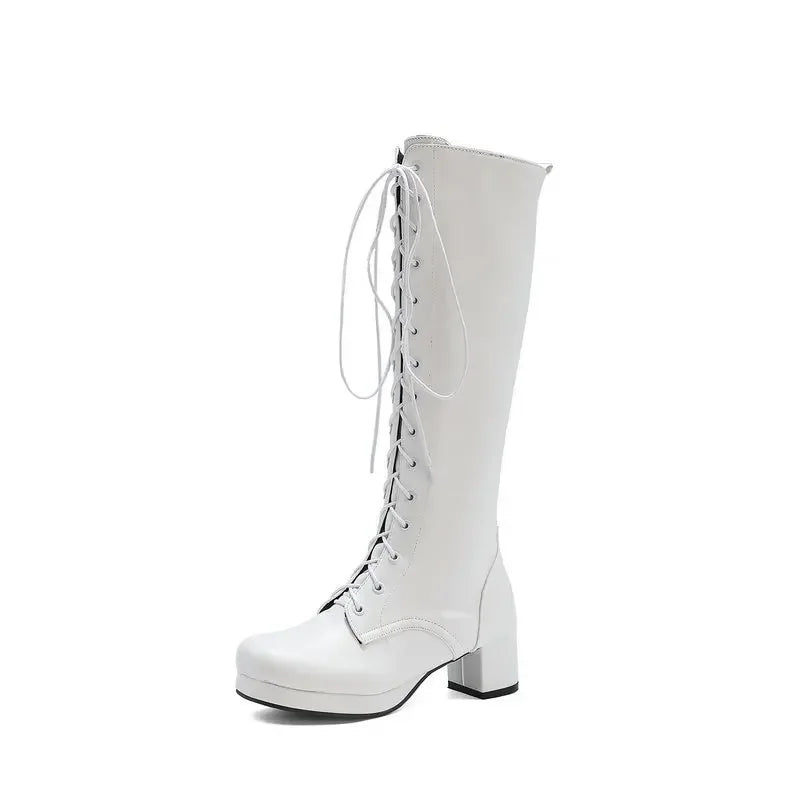 Woman Lovely Sweet Lace Up Purple Pink White Fashion Women's High Knee Boots Winter Shoes Lolita Shoes Girls Boots