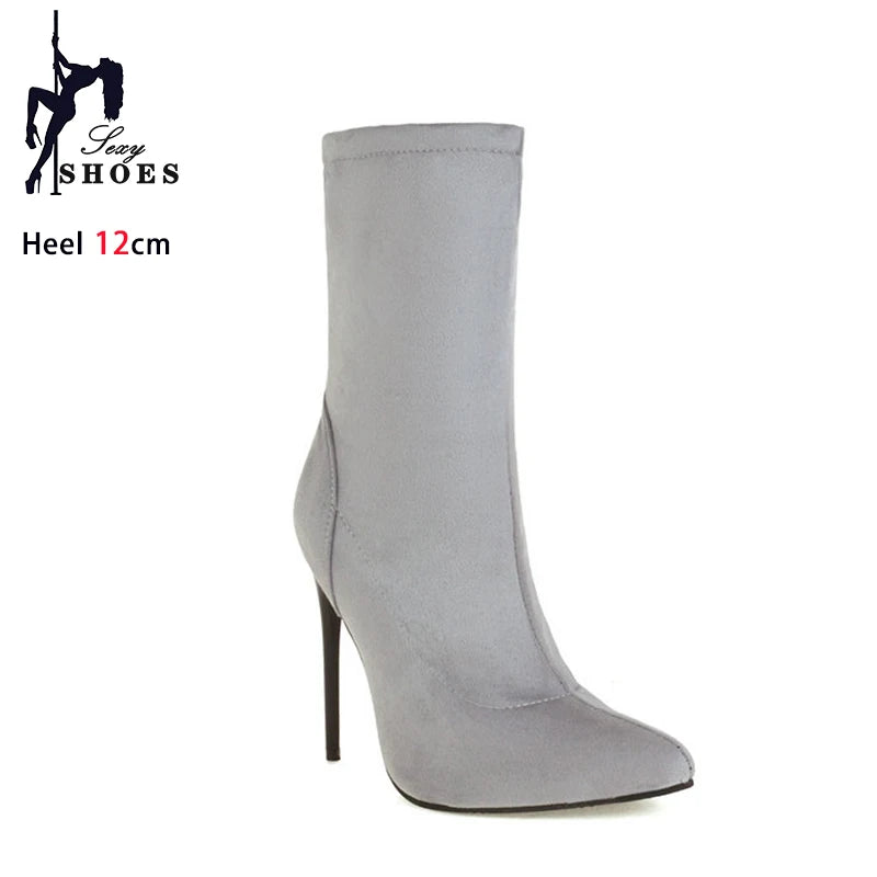 Winter Shoes For Woman Soft Leather Sock Ankle Boots 2024 New Pointed Toe Thin High Heels Women Short Booties Plus Size 44 45 46