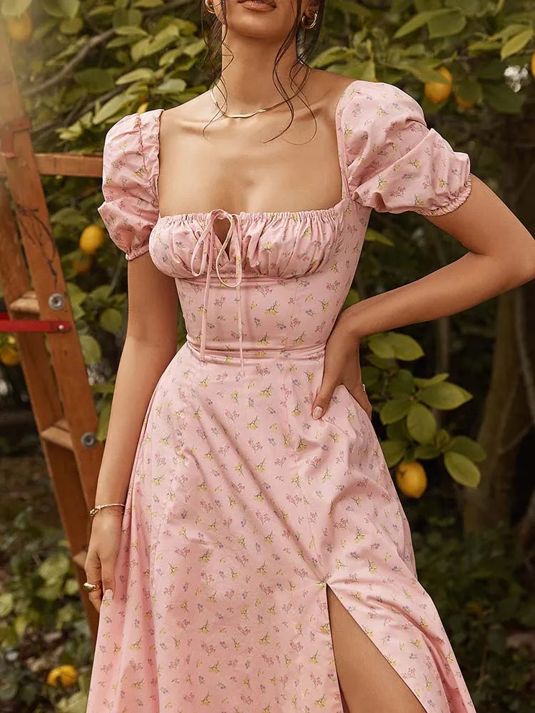 Women Floral Print Elegant A line Long Dresses Spring Summer Chic Party Maxi Dress Robe Femme 010 / M