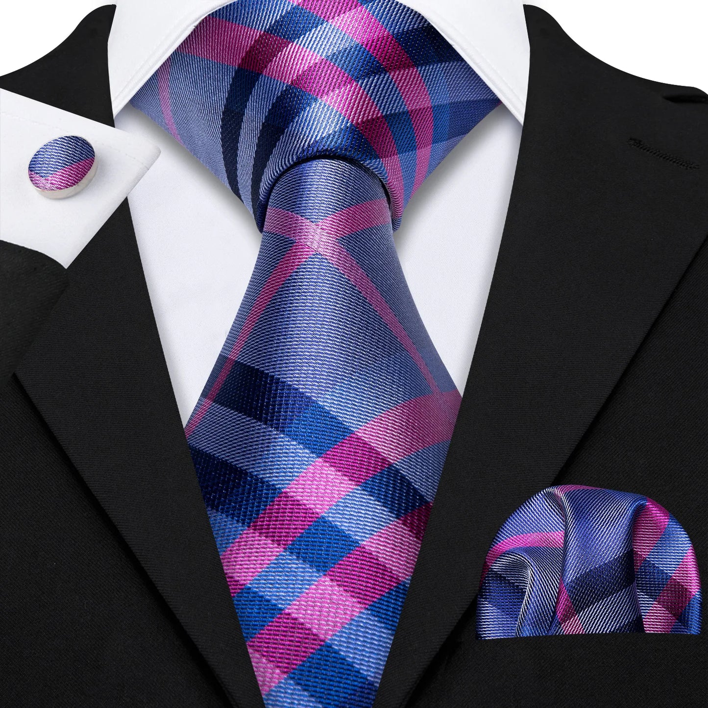Barry.Wang Plaid Silk Men Tie Hanky Cufflinks Set Checked Jacquard Necktie for Male Formal Casual Wedding Business Party Events
