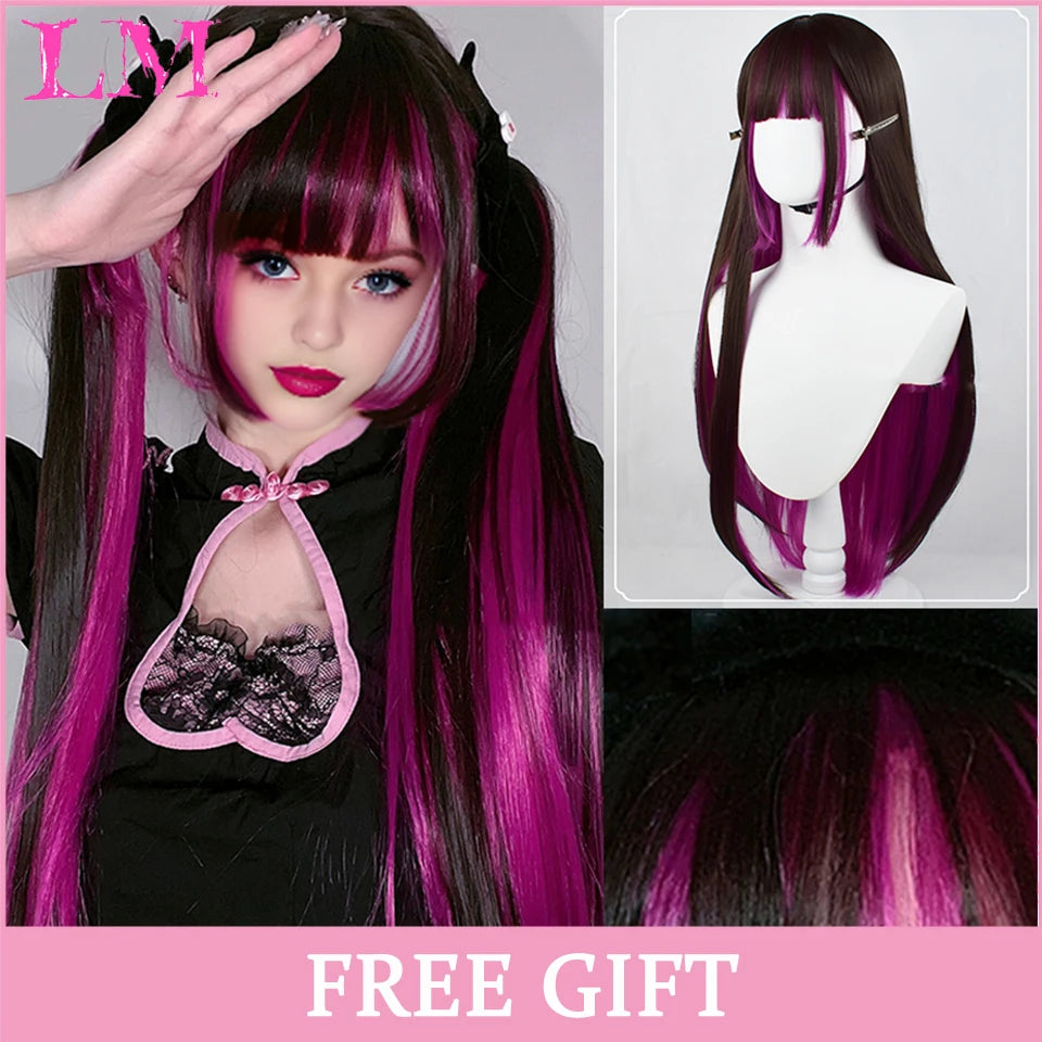 LM Synthetic Black Wig with Long Ponytail Short Straight Wig Lolita Cosplay Party Harajuku Blonde Wig With Bangs for Women
