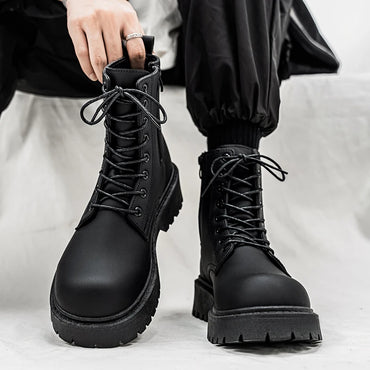 Men's High-top Boots, 2025 New Black British Windbreaker Workwear Boots, High-top Soft Leather Waterproof Casual Leather Boots