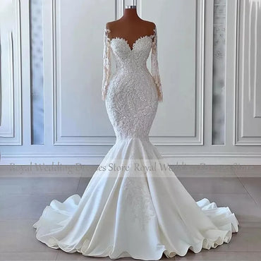 Ivory Wedding Dress Luxury Applique Sheer Tulle Neck Mermaid Gowns for Bride Long Sleeves Satin Elegant Bridal Dresses