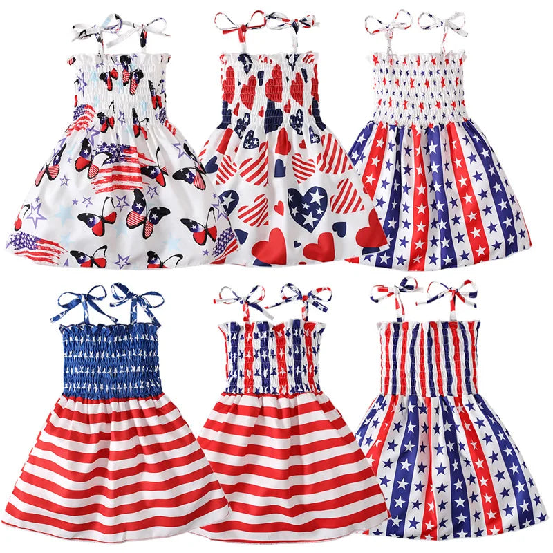 Charm Dress Girls Summer Dress American Independence Day Print Tie-up Smocked Dress American Flag For Girls Children Costumes