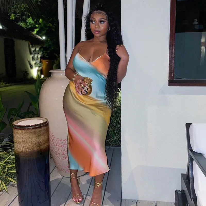 Women's Sexy V-Neck Backless Rainbow Print Slip Dress Summer Plus Size Mega Mart Center Women's Sexy V-Neck Backless Rainbow Print Slip Dress Summer Plus Size Mega Mart Center