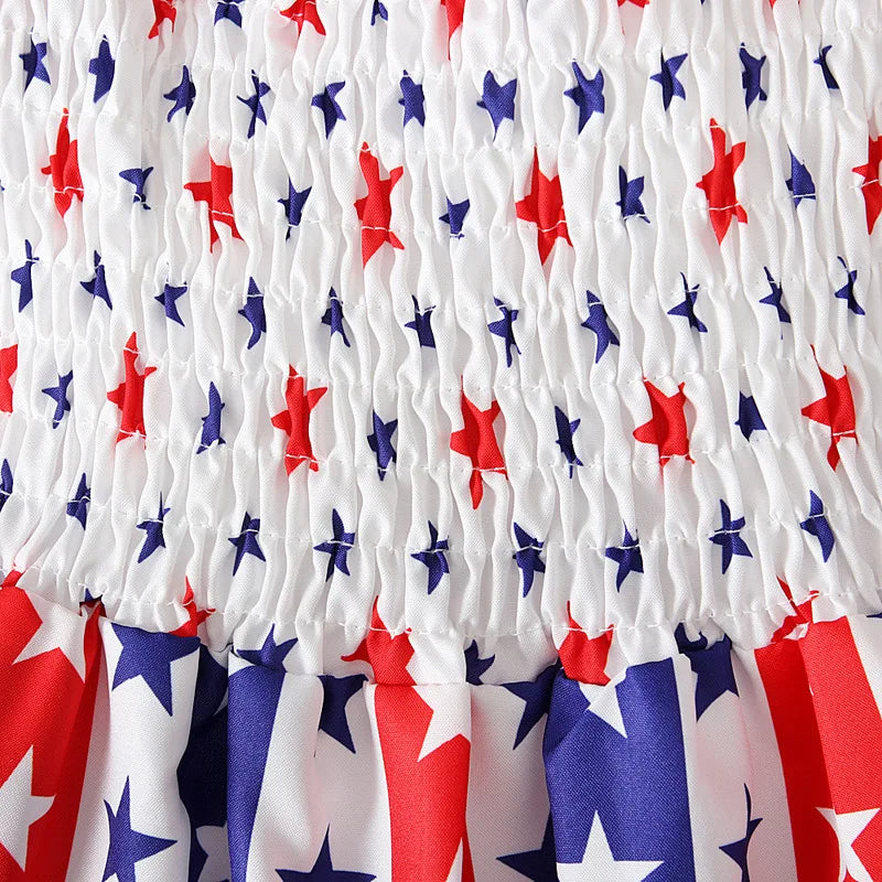Charm Dress Girls Summer Dress American Independence Day Print Tie-up Smocked Dress American Flag For Girls Children Costumes