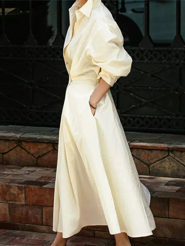 LANMREM Korean Dress For Women Lapel Single Button Long Sleeves Designer Dresses Spliced Female Clothing 2023 New 2YA1422