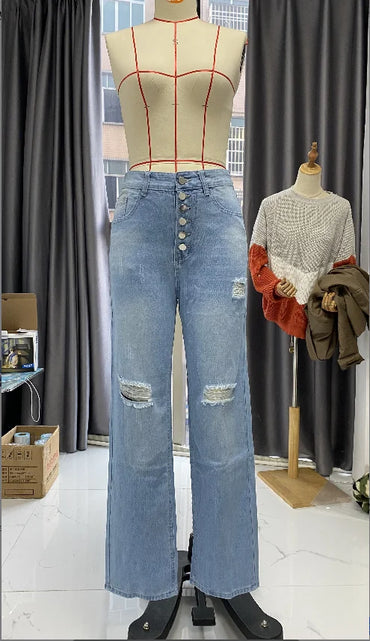 Women's casual trousers 2024 Spring/Summer Latest Button Fly Ripped Button Pocket Low Waist Straight Daily Versatile Denim Jeans
