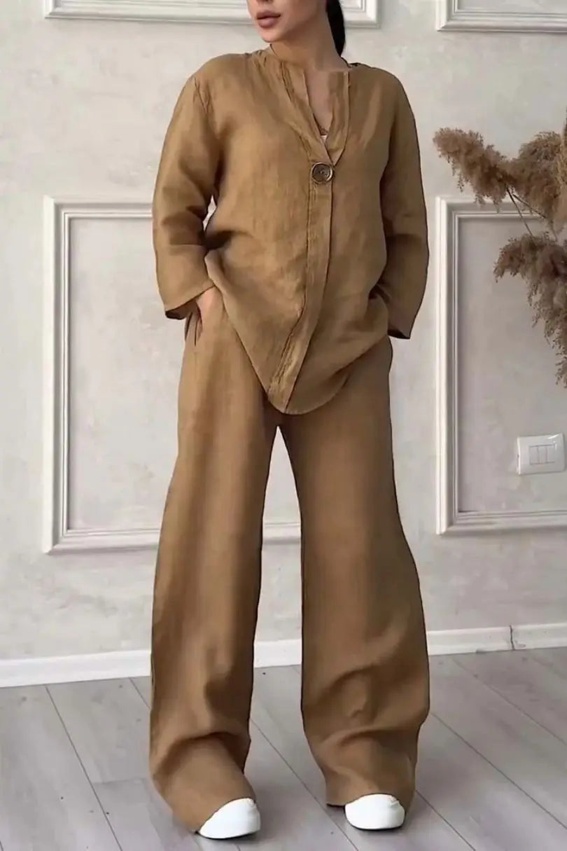 Women's Cotton and Linen Pants Suit Casual Solid Pullover Pants 2-piece Set White Pink Simple Wide Leg Pants Two Piece Set Suits