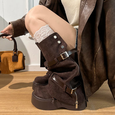 Autumn Winter Chunky Women Knee High Boots Fashion Button Combination Splicing Shoes Ladies Platform Thick Heel Long Booties