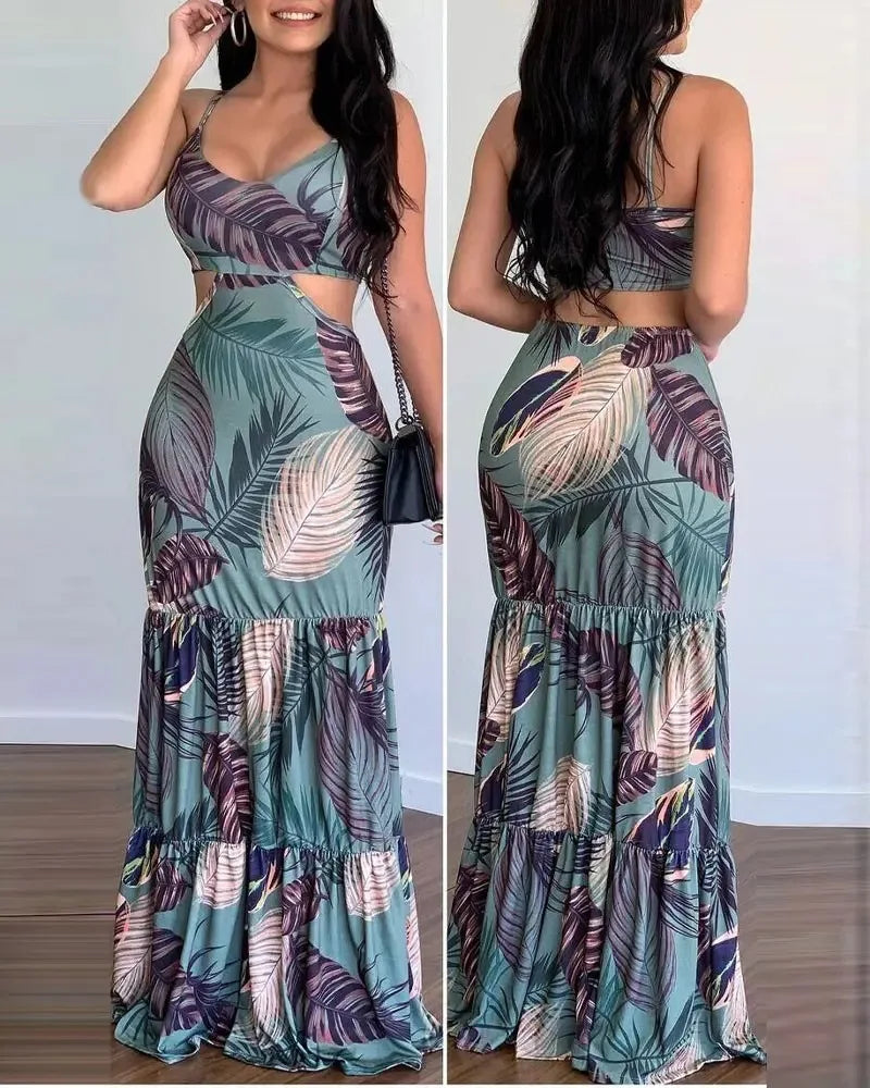 Pencil Dresses Women V Neck Backless Hollow Sling Dress Print Slim Fit Casual Sleeveless Pleated Vestidos Elegant Summer