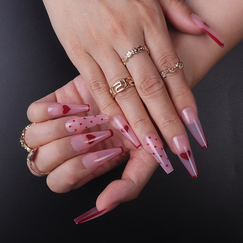 24pcs Strawberry Girl Long Ballet False Nails Art Removable Acrylic Press On Nail Tips