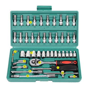 46Pcs Set Car Repair Tool 1/4-Inch Socket Set Car Repair Tool Ratchet Torque Wrench Combo Tools Kit Auto Repairing Tool Set