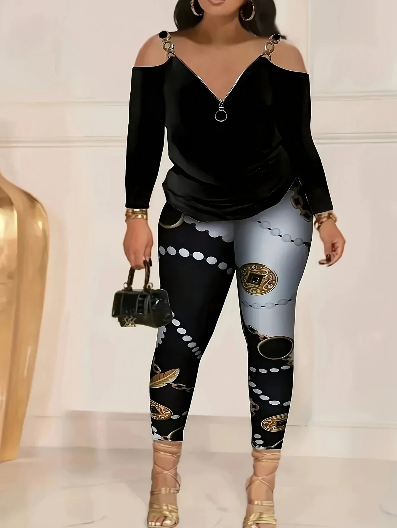 Plus Size 1XL-5XL Women Off-Shoulder Zip-Up Long Sleeve T-Shirt & Printed Tight Pants Ladies Casual T-Shirt & Pants Outfit