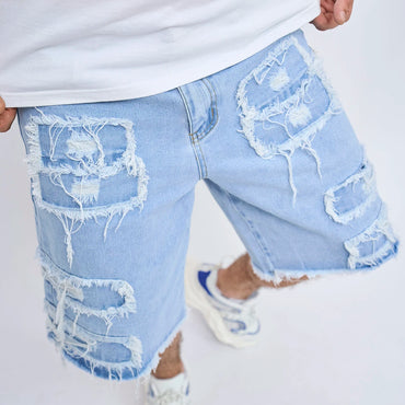 2024 Summer Men's High Street Ripped Patch Denim Shorts Stylish Solid Casual Male Straight Jeans Shorts