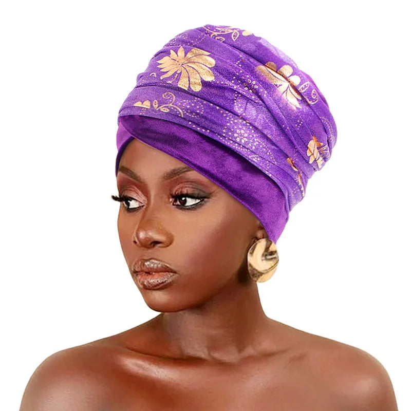 New Women print Gilded mesh Turban Cap Muslim Long Tail Scarf Hat Chem