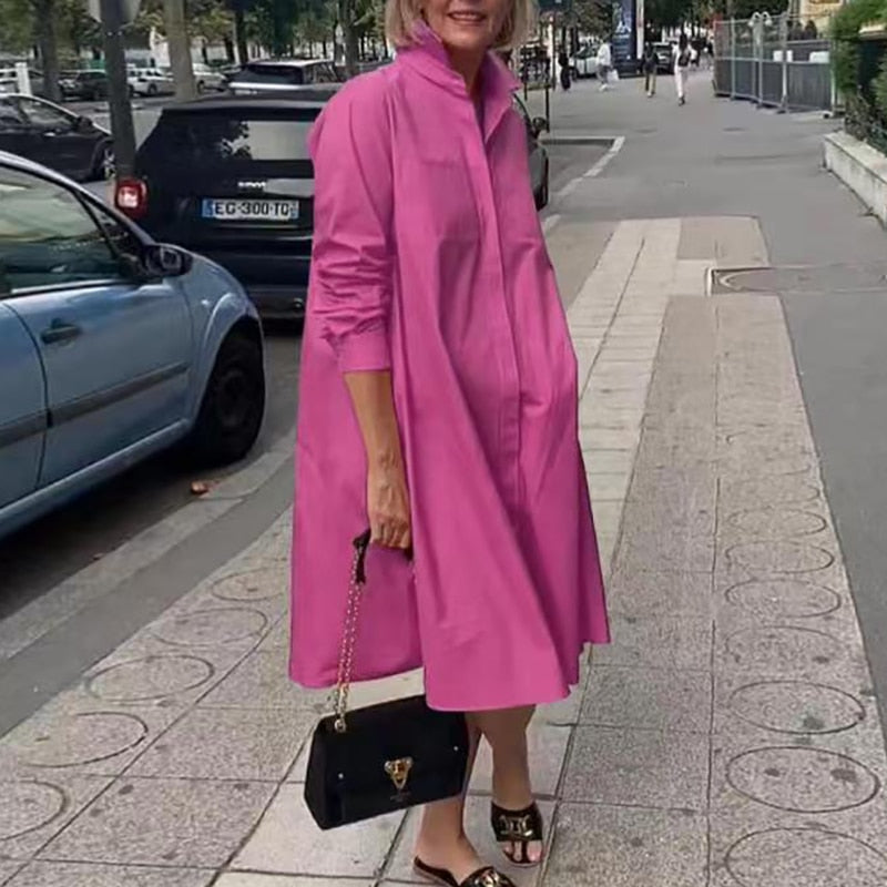 Sexy Autumn New Simple Shirt Dress Casual Solid Color Long Sleeves Fashion Turn-down Collar Pocket Dresses