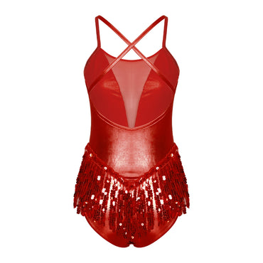 Womens Sparkly Tassel Bodysuit Sequins Gymnastics Ballet Dance Leotard Fringed Jumpsuits Latin Jazz Dance Performance Costume
