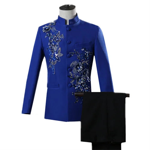 New Men Luxury Decal Suits Black / Red / Blue / White Fashion Singer Host Stage Performance Splicing Flower Blazers and Pants