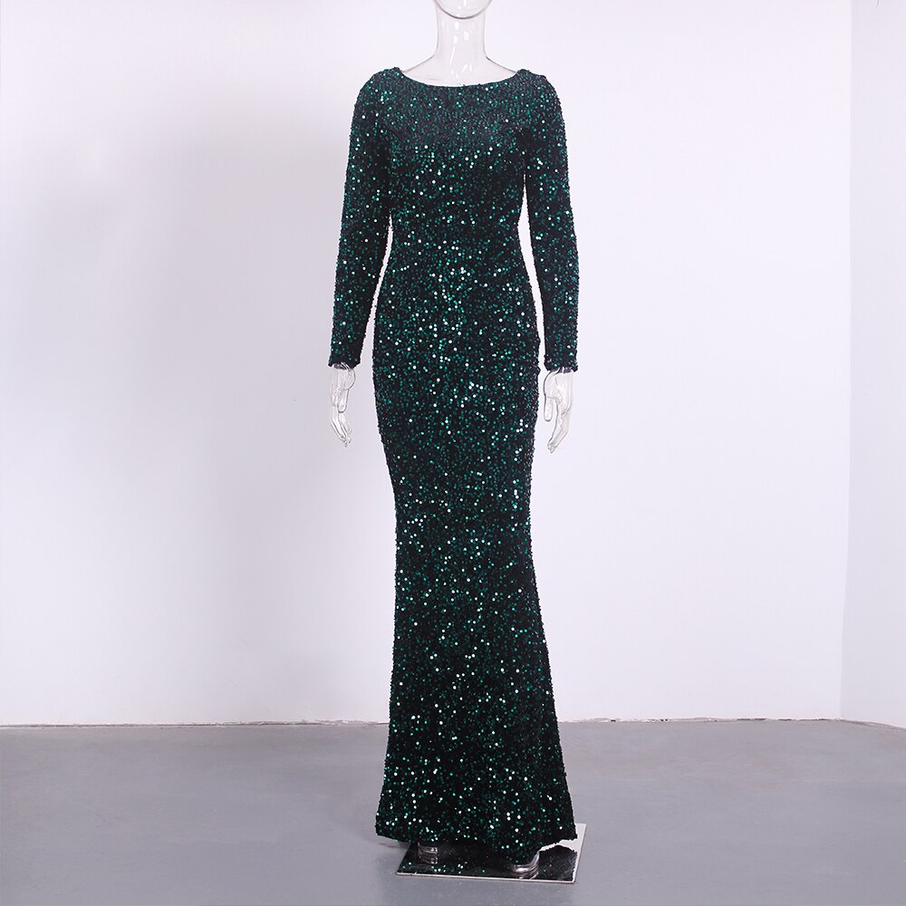 Kisscc Royal Blue Stretch Sequin Floor Length Evening Night Dress Full Sleeve Bodycon Black Mermaid Party Dress