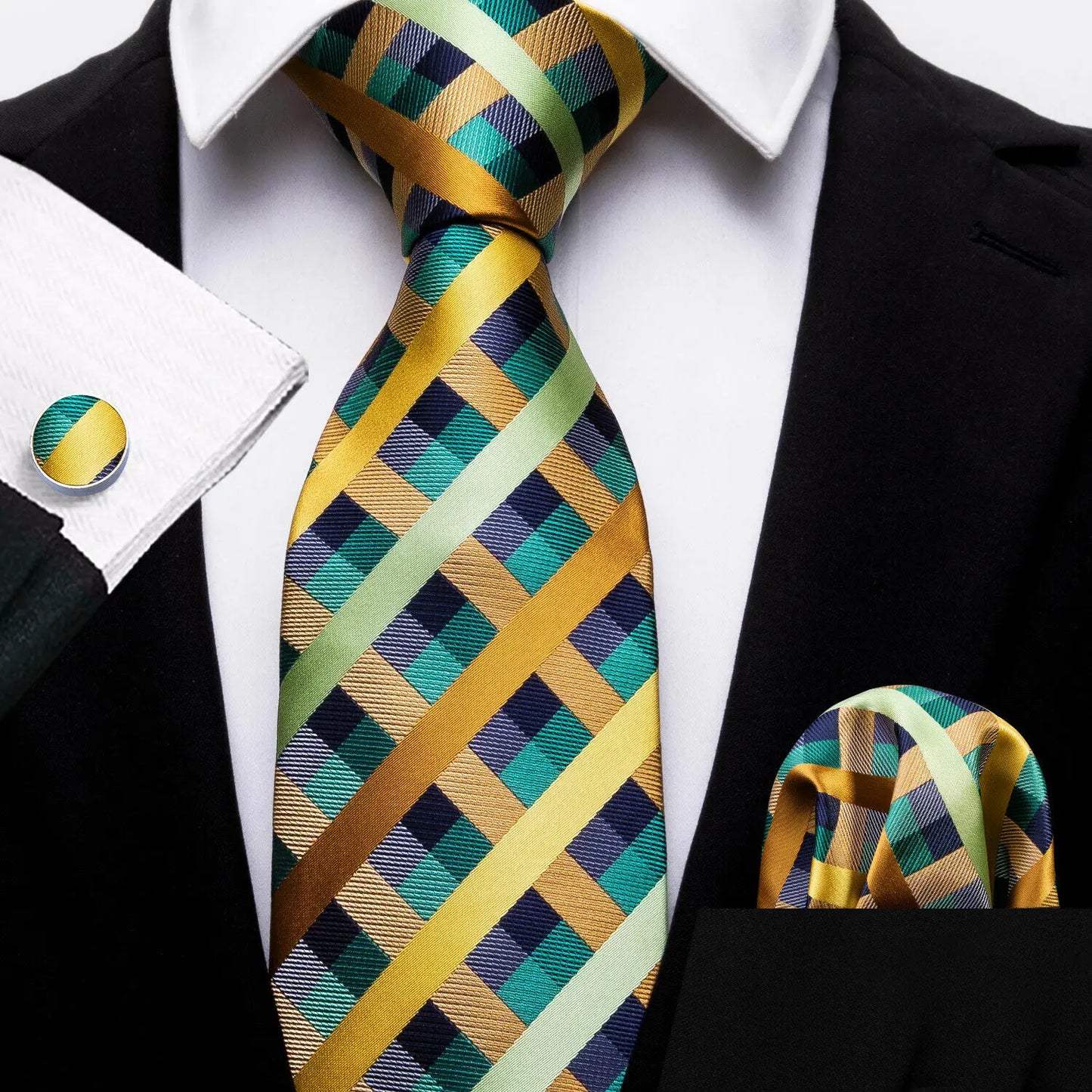 Barry.Wang Plaid Silk Men Tie Hanky Cufflinks Set Checked Jacquard Necktie for Male Formal Casual Wedding Business Party Events