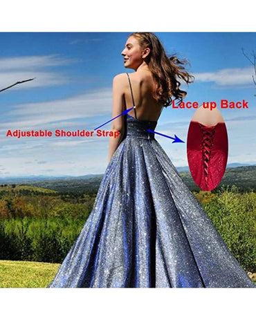 Mesh Open Back Banquet Evening Dress Adjustable Shoulder Strap V Neck Formal Party Prom Dress Sparkling Sexy Long Women Dress