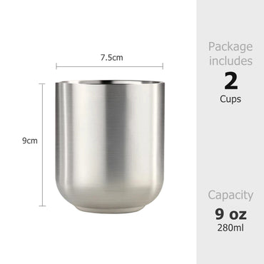 Set of 2 Mugs 9oz Stainless Steel Insulated Metal Cups Double Wall Tumbler Water Cup 280ml for Home Restaurant Camping Drinkware