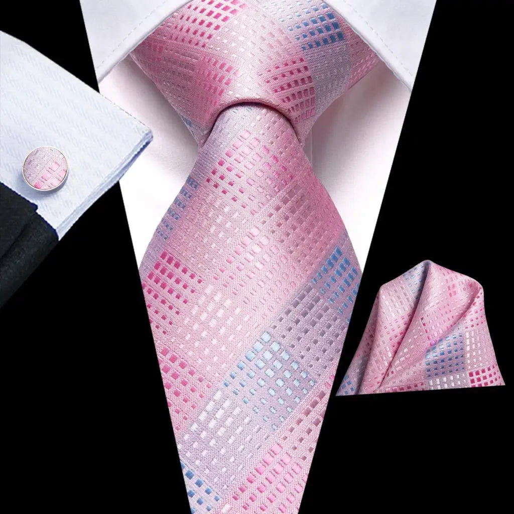 Barry.Wang Plaid Silk Men Tie Hanky Cufflinks Set Checked Jacquard Necktie for Male Formal Casual Wedding Business Party Events