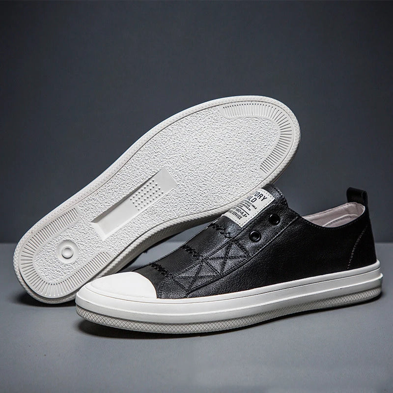 100% Genuine Leather Black White Shoes Men Casual Shoes Soft Flat Brand Cow Leather Cool Street Young Male Footwear D237