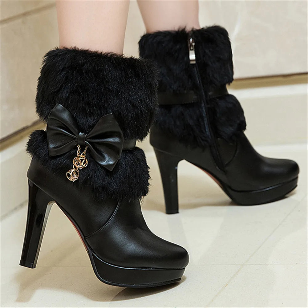 2025 Winter Womens Fashion High Heel Boots Pink White Black Fur Tassel Bowtie Lovely Lolita Ladies Party Wedding Shoes size32-43