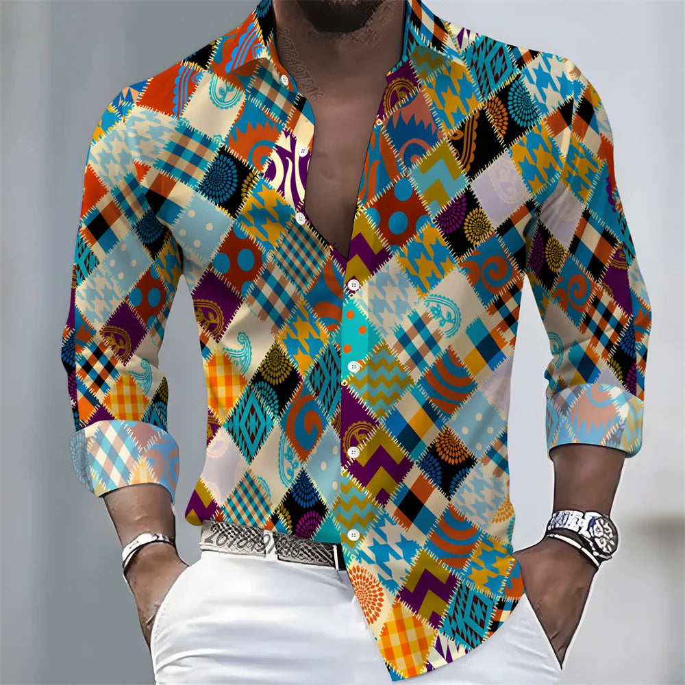 Men's Retro Color-Blocked Floral Print Long-Sleeve Shirt with Paisley Pattern Design, Casual Top for Spring and Autumn