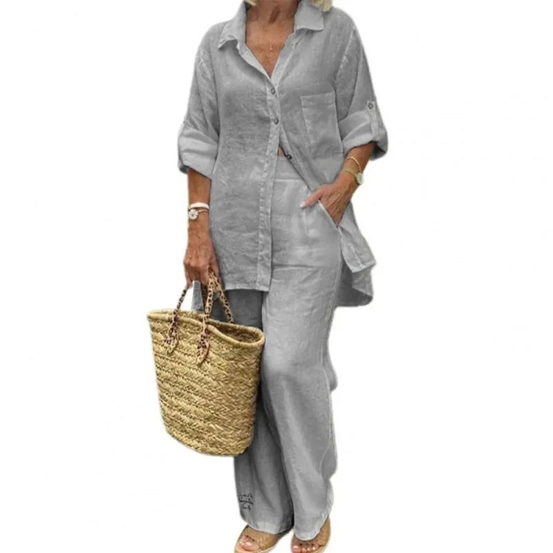 Summer Cotton Linen Casual Home 2 Piece Set For Women 2025 Fashion White Long Sleeve Shirt And Shorts Two Piece Sets Tracksuit